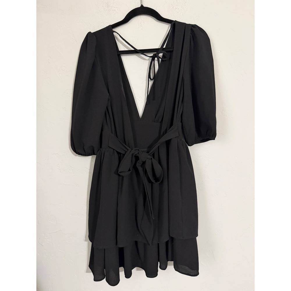 ASOS DESIGN Black V Neck Puff Sleeve Tie Waist Tiered Dress‎ US 6